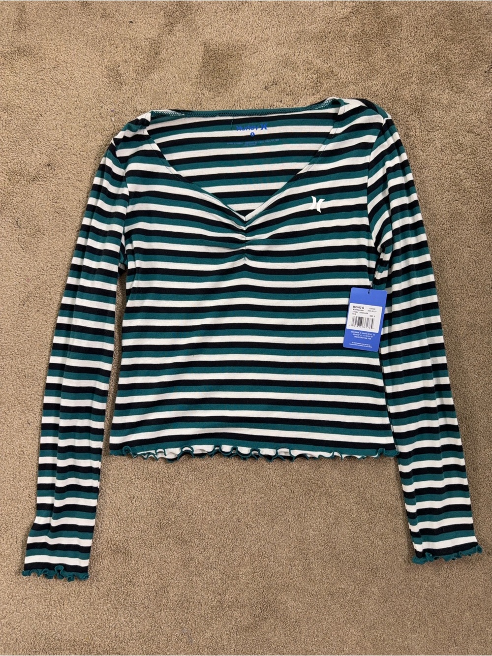 Hurley Striped V-Neck Long Sleeve Top in Teal, Black & White